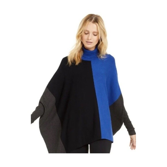 Alfani Black Blue Grey Colorblock Asymmetrical Hem Turtleneck Poncho Sweater Sm - Picture 1 of 13